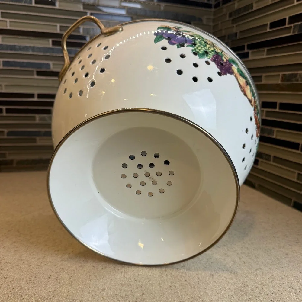 Vintage Enamel Fruit Colander White‎ Pedestal Strainer Brass Handles Cottagecore